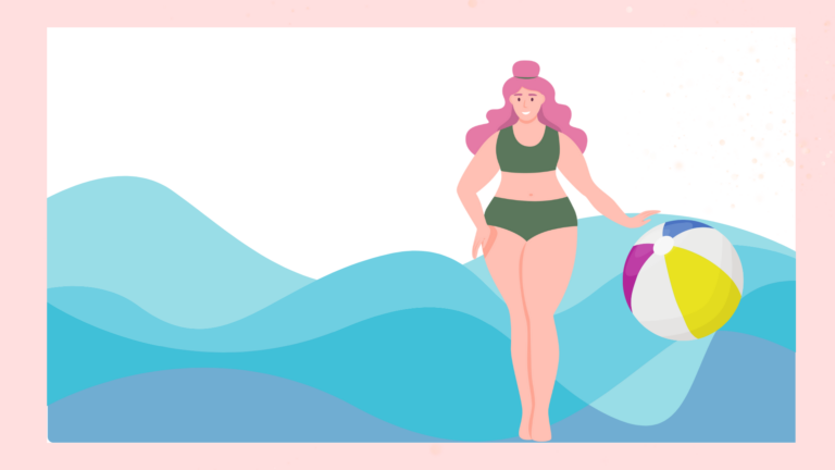 Grafik im Comicstil, Frau mit pinken Haaren, Wellen im Hintergrund und Sie drückt einen Wasserball runter