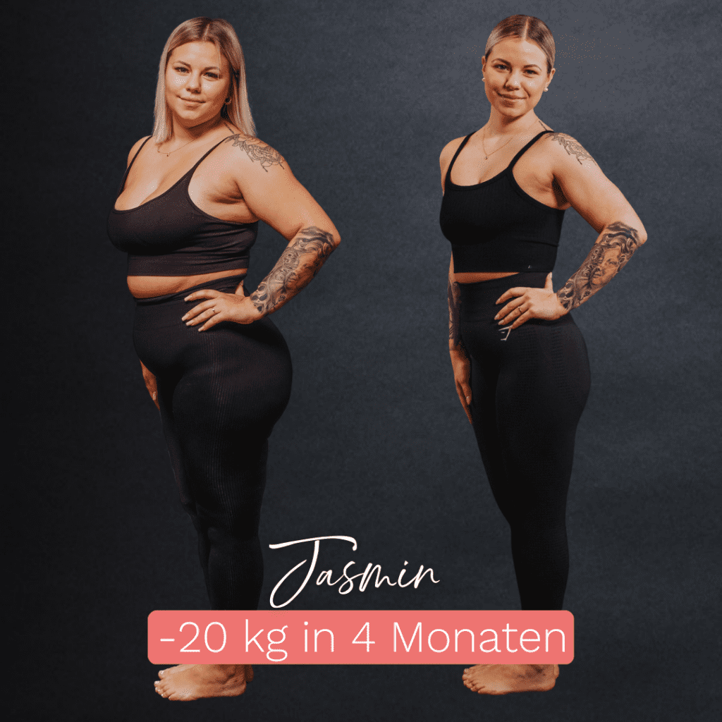 Vorher Nachher Erfolg der Teilnehmerin Jasmin bei der Ernährungsberatung Körperverwandlung: -20 Kilo in 4 Monaten.