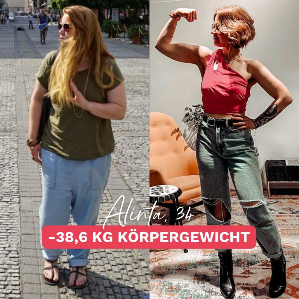 Vorher-Nachher-Bild einer Frau namens Alinta, die 38,6 Kilo abgenommen hat. Links zeigt sie sich vor ihrer Transformation, rechts trägt sie engere Kleidung, die ihren Erfolg sichtbar macht. Inspirierende Geschichte über Abnehmen und mehr Lebensfreude
