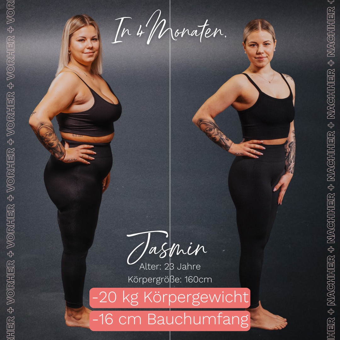 Erfolgreiche Teilnehmerin Jasmin, die -20 kg in 4 Monaten abgenommen hat, von der Seite