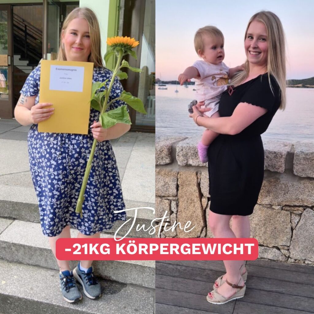 Links: Teilnehmerin Justine vor der Teilnahme an der Ernährungsberatung Körperverwandlung, rechts: Teilnehmerin Justine seit der Teilnahme an der Ernährungsberatung Körperverwandlung, 21 kg abgenommen