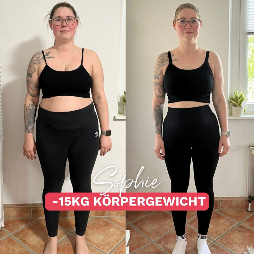 Links: Teilnehmerin Sophie vor der Teilnahme an der Ernährungsberatung Körperverwandlung, rechts: Teilnehmerin Sophie seit der Teilnahme an der Ernährungsberatung Körperverwandlung, 15 kg abgenommen