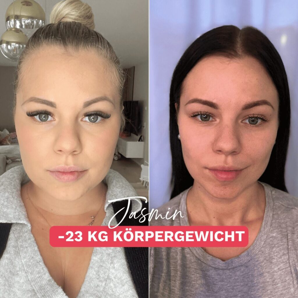 Gesichtstransformation einer Teilnehmerin der Online-Ernährungsberatung bei Körperverwandlung: Jasmin hat trotz Lipödem 23 kg abgenommen. Links vor der Abnahme, rechts nach ihrem Erfolg.