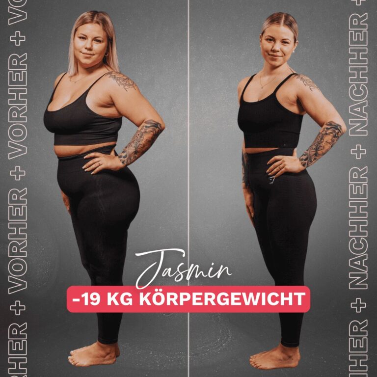 Seitliches vorher nachher Bild von Jasmin, einer Teilnehmerin der Online-Ernährungsberatung bei Körperverwandlung, die trotz Lipödem 19 kg abgenommen hat. Links vor der Abnahme, rechts nach ihrem Erfolg.