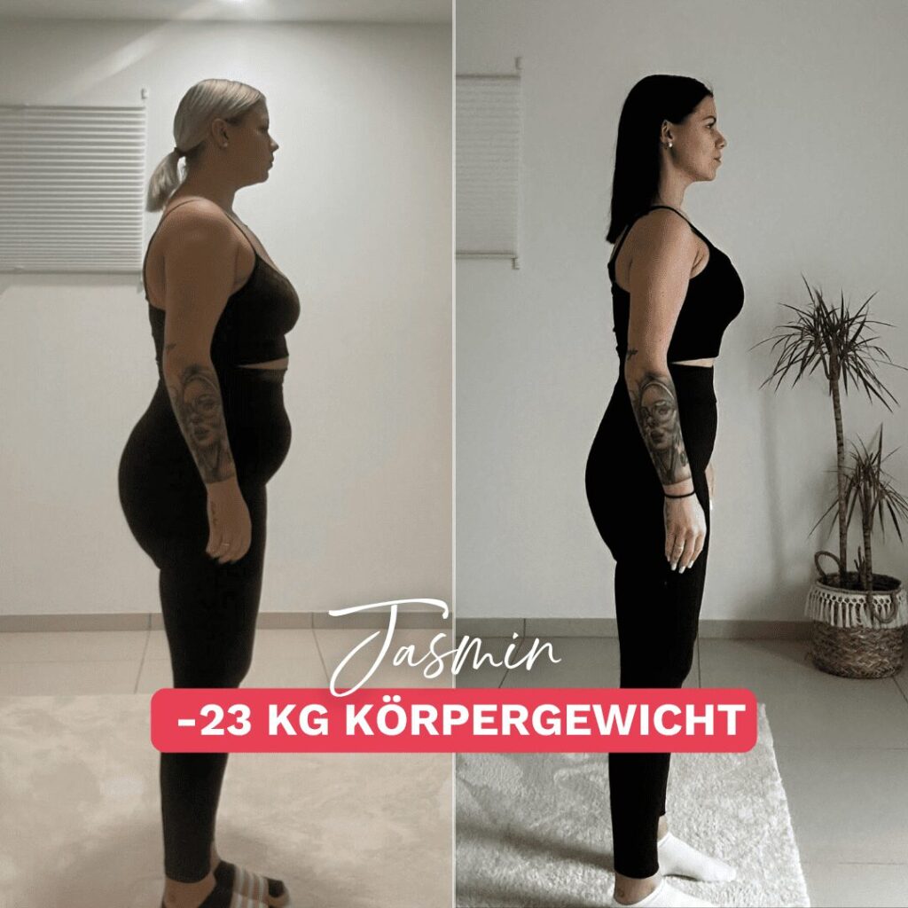 Jasmins vorher nachher Bild: 23 kg Gewichtsverlust trotz Lipödem. Links vor dem Abnehmen, rechts nach der Transformation durch gezieltes Coaching bei Körperverwandlung.