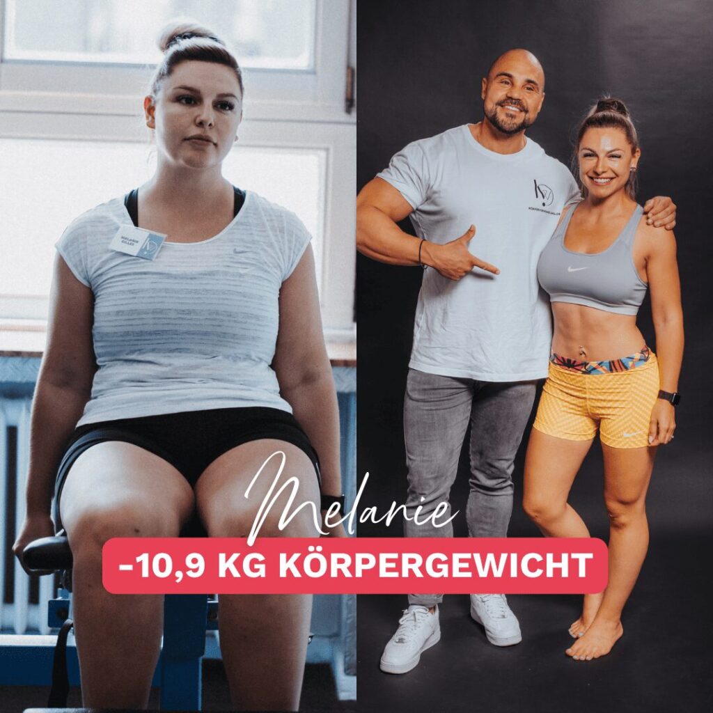 Vorher nachher Bild von Melanie, Teilnehmerin der Online-Ernährungsberatung bei Körperverwandlung, die trotz Lipödem 10,9 kg abgenommen hat. Links vor der Abnahme, rechts nach ihrem Erfolg mit Ernährungsexperte Andreas Kotte.