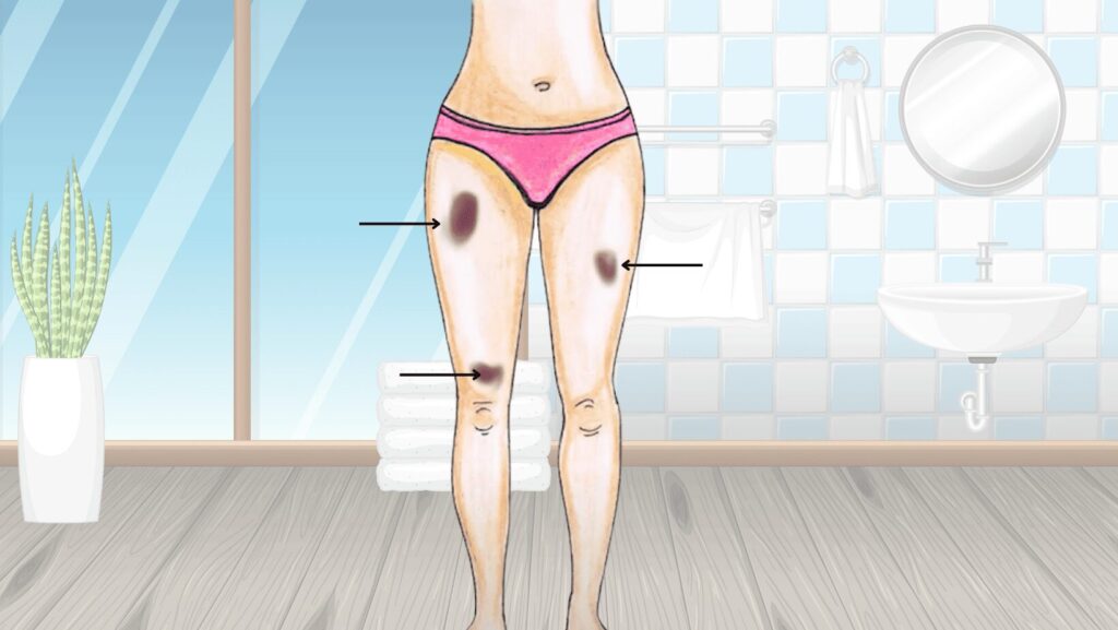 Darstellung der Symptome eines Lipödems anhand einer Illustration. Gezeigt werden blaue Flecken an den Beinen, die auf die empfindliche Haut und die Neigung zu Blutergüssen bei Lipödem-Patientinnen hinweisen. Typisch für ein Lipödem sind die symmetrischen Fettansammlungen und die Druckempfindlichkeit, insbesondere an Oberschenkeln und Knien