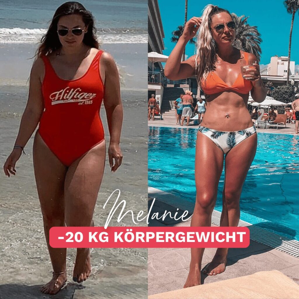 Vorher nachher Bild von Melanie, einer Teilnehmerin der Online-Ernährungsberatung bei Körperverwandlung, mit einem Gewichtsverlust von 20 kg trotz Lipödem Stadium 3. Links vor der Abnahme, rechts nach ihrem Erfolg.