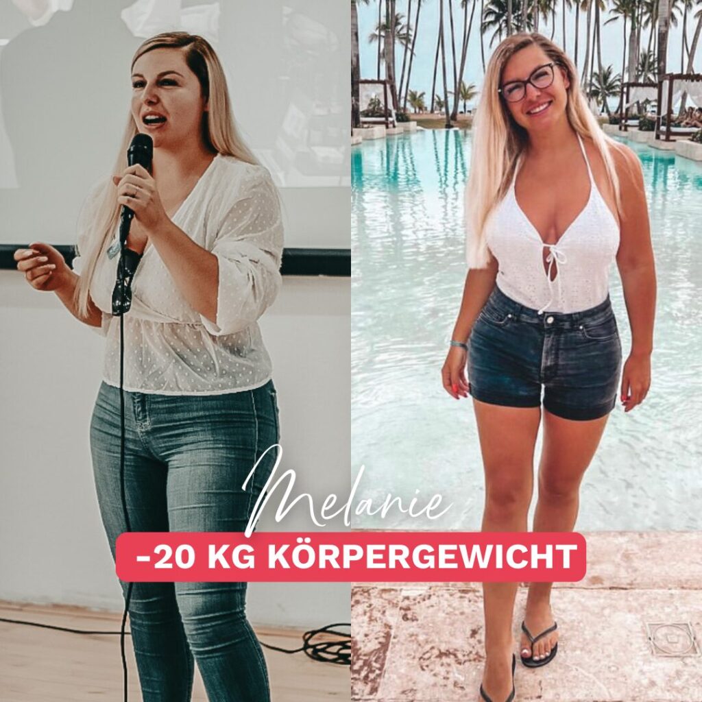 Vorher nachher Bild von Melanie, einer Teilnehmerin der Online-Ernährungsberatung bei Körperverwandlung, mit einem Gewichtsverlust von 20 kg trotz Lipödem. Links vor der Abnahme, rechts nach ihrem Erfolg.