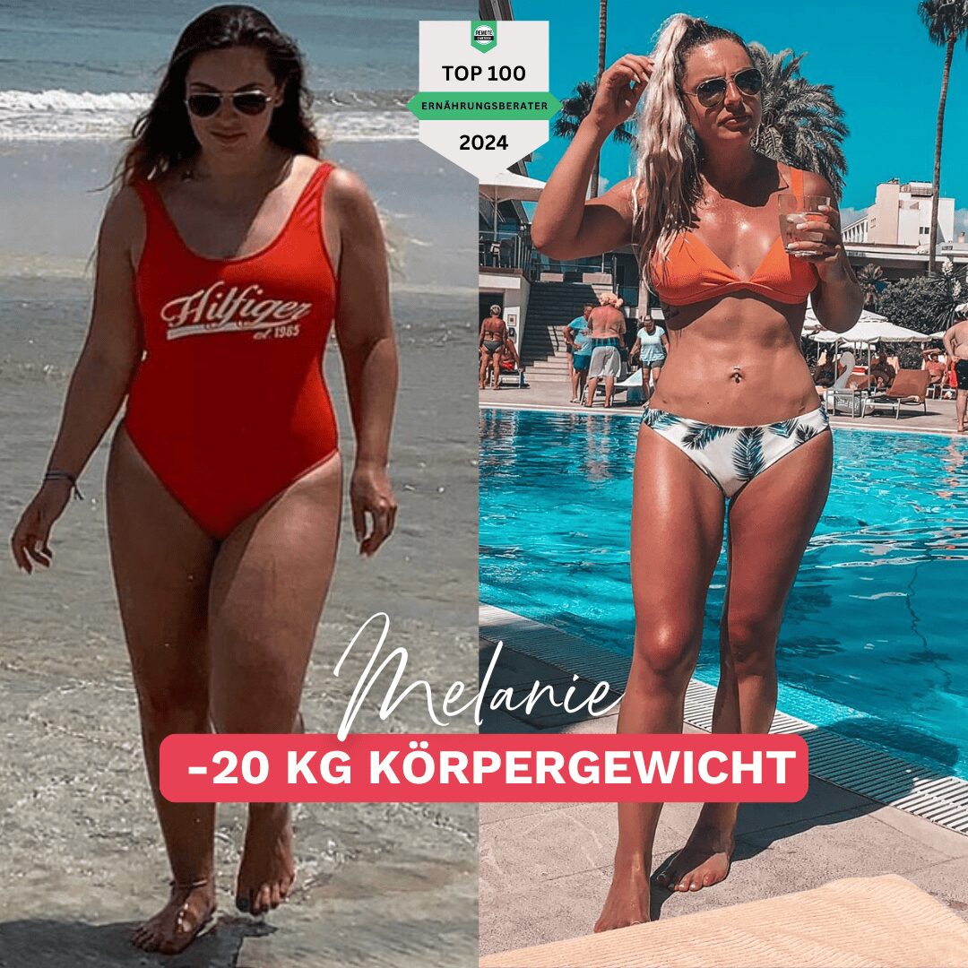 Vorher nachher Bild von Melanie, einer Teilnehmerin der Online-Ernährungsberatung bei Körperverwandlung, mit einem Gewichtsverlust von 20 kg trotz Lipödem Stadium 3. Links vor der Abnahme, rechts nach ihrem Erfolg.