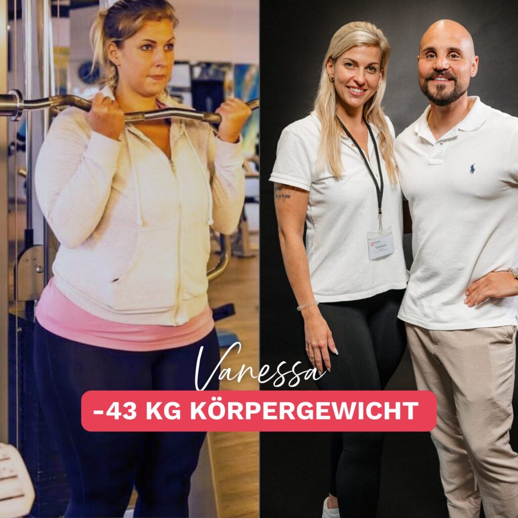 Ernährungsexperte Andreas Kotte mit Teilnehmerin Vanessa im Vorher-Nachher-Vergleich. Links Vanessa vor der Abnahme. Rechts Vanessa mit -43 kg zusammen mit Andreas.