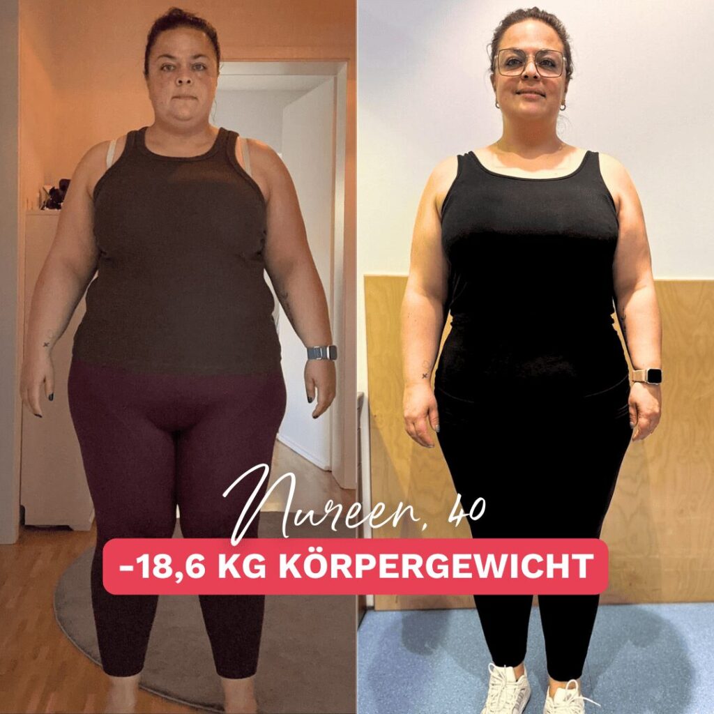 Teilnehmerin Nureen mit Lipödem Beinen Stadium 2 Vorher Nachher. Sie hat 18 Kilo in 4 Monaten verloren