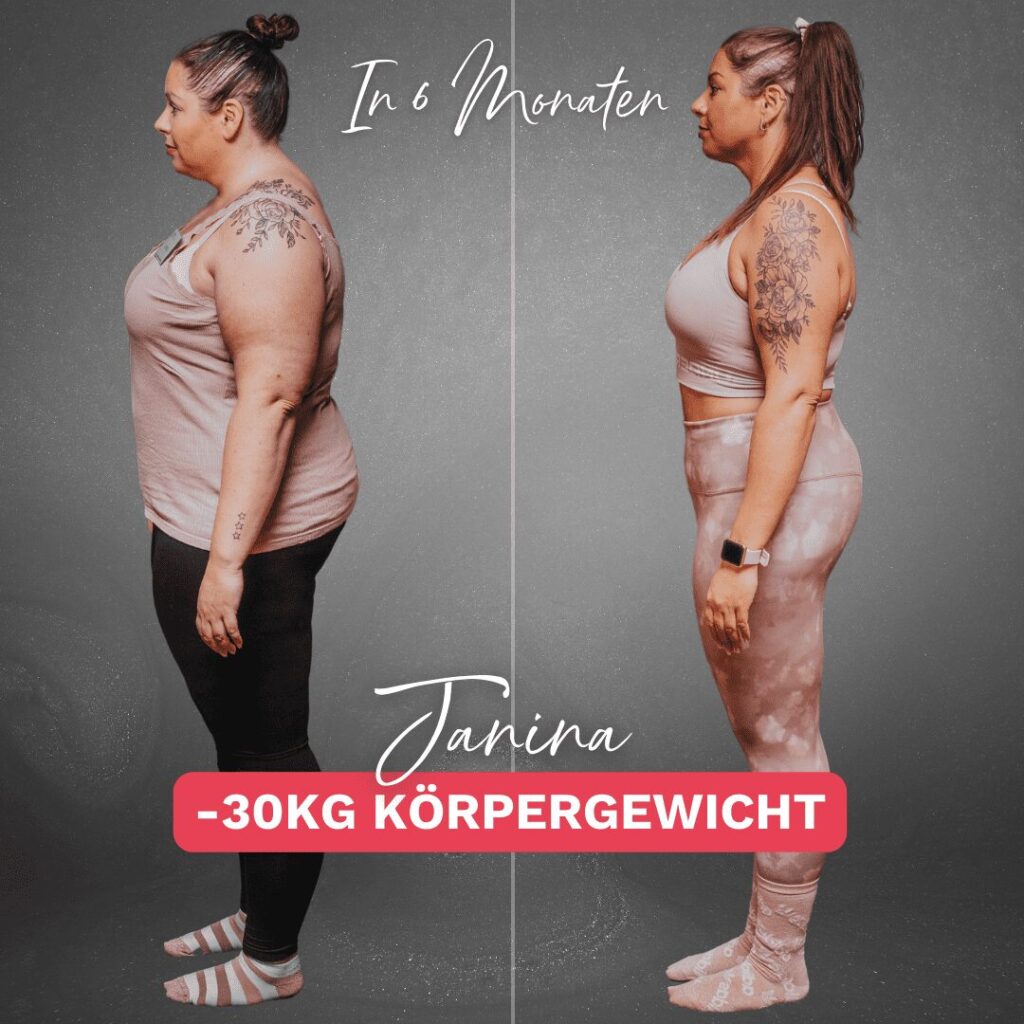 Vorher Nachher Janina. Sie hat 30 Kilo in 6 Monaten abgenommen mit der Körperverwandlung.