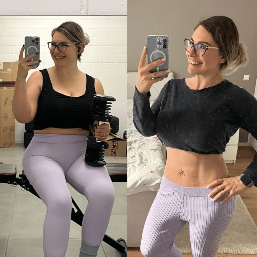 Vorher-Nachher-Bild von Melanie, die 10 Kilo abgenommen hat. Links im Fitnessstudio mit Hanteln, rechts stolz und fit mit sichtbaren Bauchmuskeln. Motivierende Transformation und Erfolgsgeschichte zum Thema Abnehmen und Fitness.