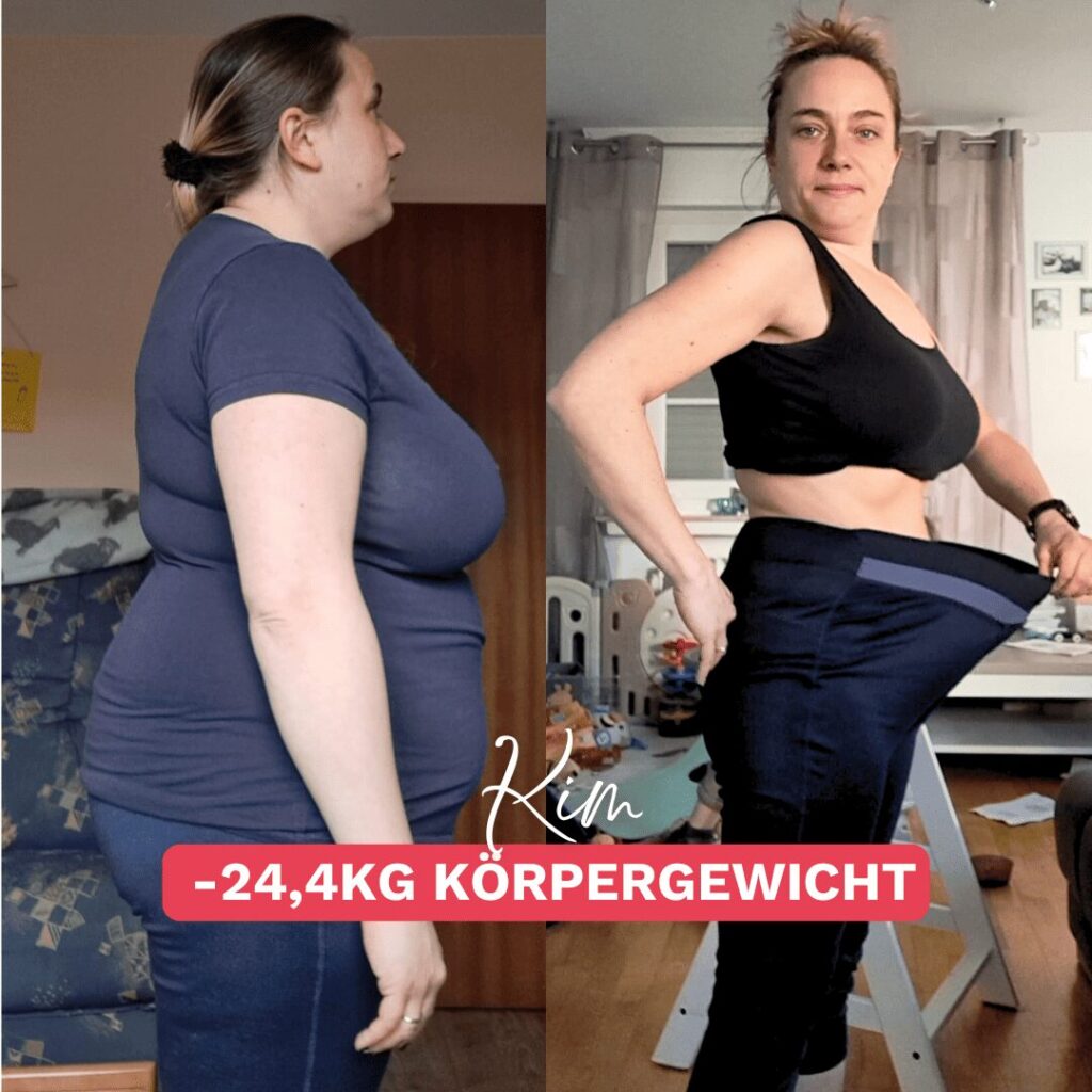 Vorher-Nachher-Bild einer Frau namens Kim, die 24,4 Kilo abgenommen hat. Links zeigt sie sich vor ihrer Transformation, rechts trägt sie eine deutlich größere Hose, die ihren Erfolg sichtbar macht. Inspirierende Geschichte über Abnehmen und mehr Lebensfreude