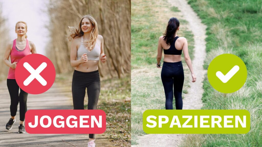 Frauen gehen joggen und spazieren. Joggen wird im Gegensatz zum Spazieren als schlecht dargestellt.