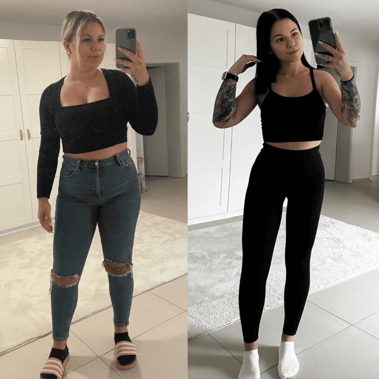 Vorher-Nachher-Bild einer Frau, die trotz Lipödem 23 Kilogramm abgenommen hat und ihr Gewicht erfolgreich hält. Links im Bild trägt sie eine Jeans und ein schwarzes Oberteil, rechts zeigt sie sich in sportlicher Kleidung mit sichtbaren Veränderungen in ihrer Figur. Ein inspirierendes Beispiel für Erfolg bei der Gewichtsabnahme mit Lipödem.