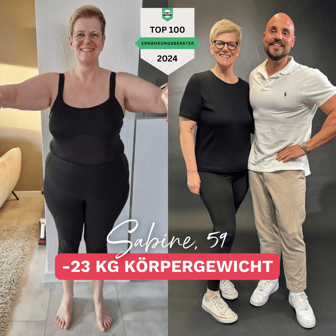 Vorher-Nachher-Bild einer 59-jährigen Frau, die 23 Kilo abgenommen hat. Links zeigt sie sich vor ihrer Transformation, rechts ist sie nach ihrem Gewichtsverlust zu sehen, strahlend und zusammen mit ihrem Coach. Erfolgsgeschichte zum Abnehmen und Wohlfühlen.