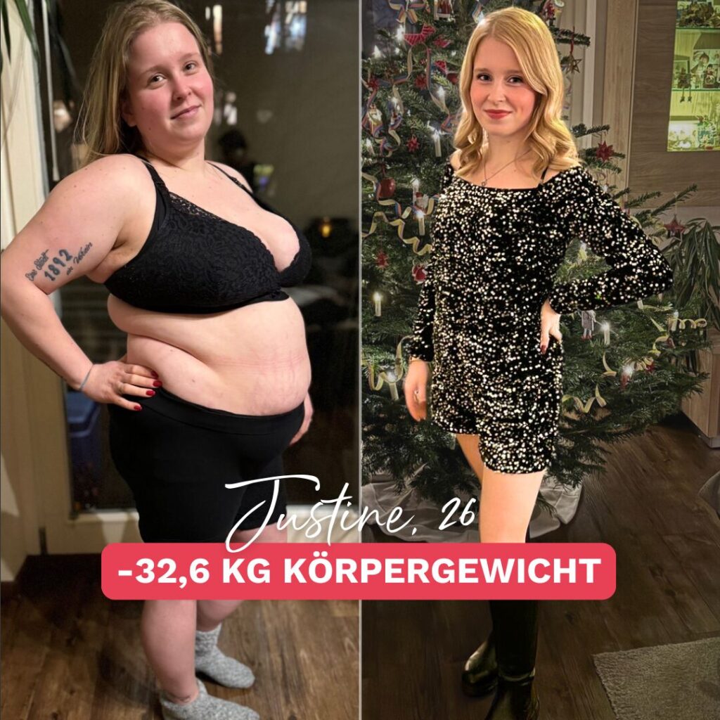 Vorher-Nachher-Bild einer Frau namens Justine, die 32,6 Kilo abgenommen hat. Links zeigt sie sich vor ihrer Transformation, rechts trägt sie eine Kleid, dass ihren Erfolg sichtbar macht. Inspirierende Geschichte über Abnehmen und mehr Lebensfreude