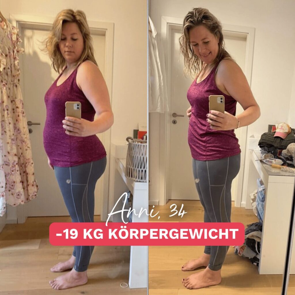 Vorher-Nachher-Erfolg: Anni, 34, hat mit Frauen Krafttraining und einer individuellen Ernährungsstrategie 19 kg Körpergewicht verloren.