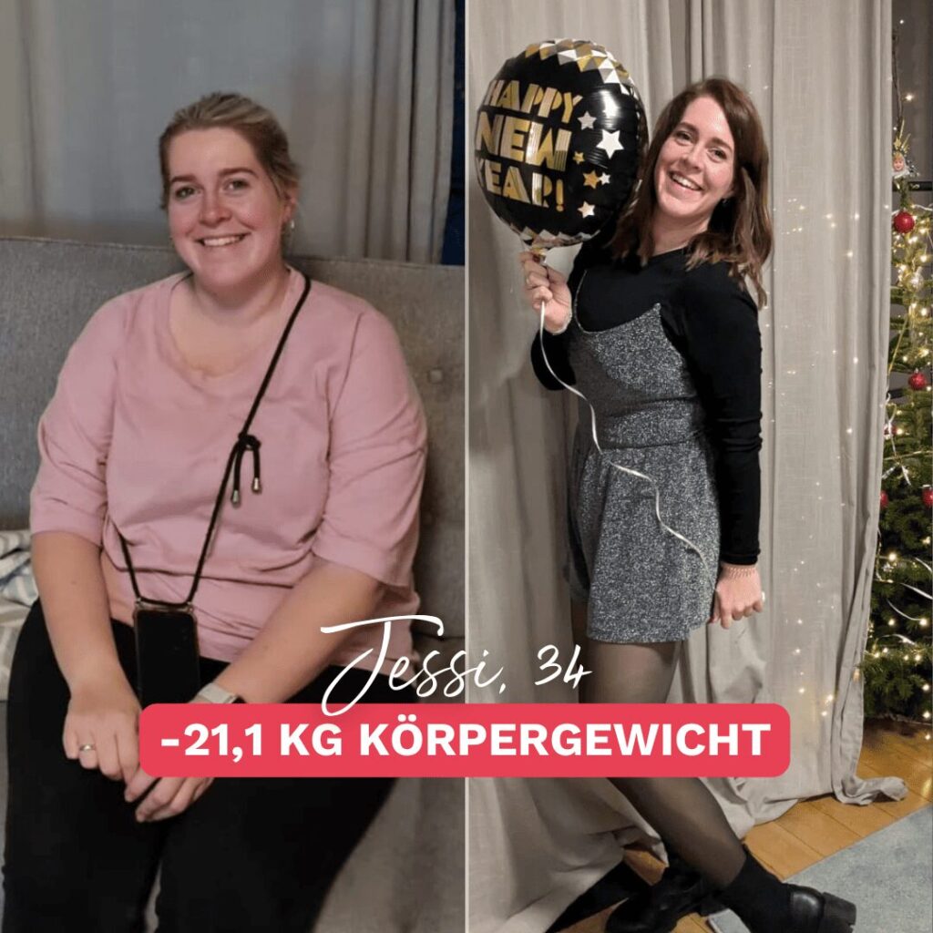 Vorher-Nachher-Bild von Jessi, 34, die durch eine gezielte Ernährungsumstellung und die Unterstützung gegen Vitamin-D-Mangel-Symptome beeindruckende 21,1 kg verloren hat. Links vor der Veränderung, rechts strahlend mit einem "Happy New Year"-Ballon.