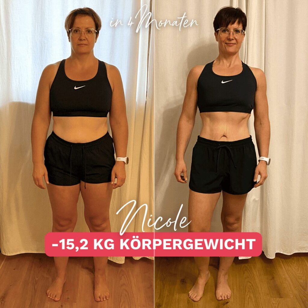 Erfolgsgeschichte einer Teilnehmerin: Nicole hat durch Frauen Krafttraining und Ernährungsumstellung in 4 Monaten 15,2 kg Körpergewicht reduziert.