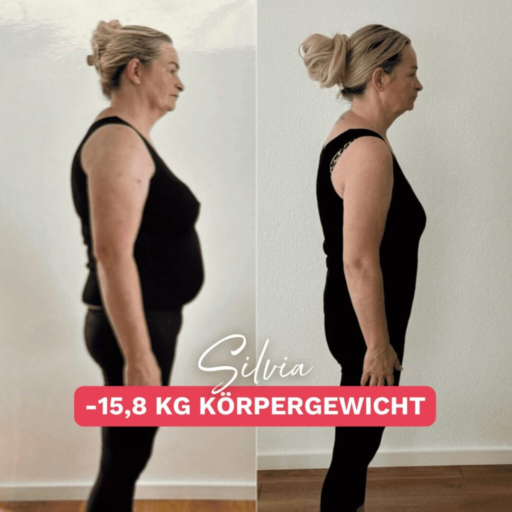 Vorher-Nachher-Bild von Silvia, die erfolgreich 15,8 kg Körpergewicht abgenommen hat. Sie trägt ein schwarzes ärmelloses Top und Leggings. Die Veränderungen zeigen eine schlankere und selbstbewusstere Ausstrahlung. Thema: Gewichtsabnahme Wechseljahre.