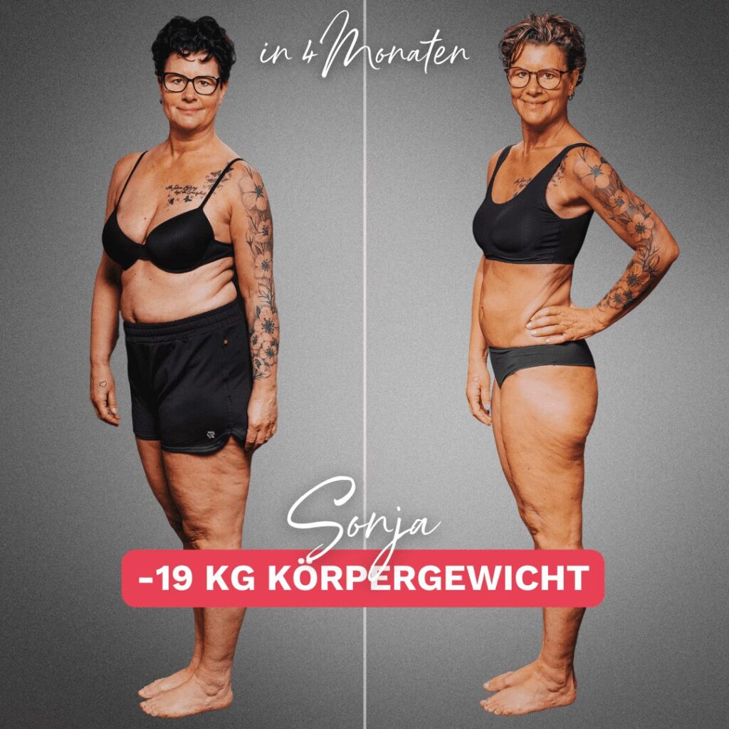 Vorher-Nachher-Bild von Sonja, die in nur 4 Monaten beeindruckende 19 kg Körpergewicht reduziert hat. Sie trägt schwarze Sportbekleidung, und der Fokus liegt auf der deutlichen Gewichtsreduktion und der strafferen Silhouette. Thema: Gewichtsabnahme in den Wechseljahren.