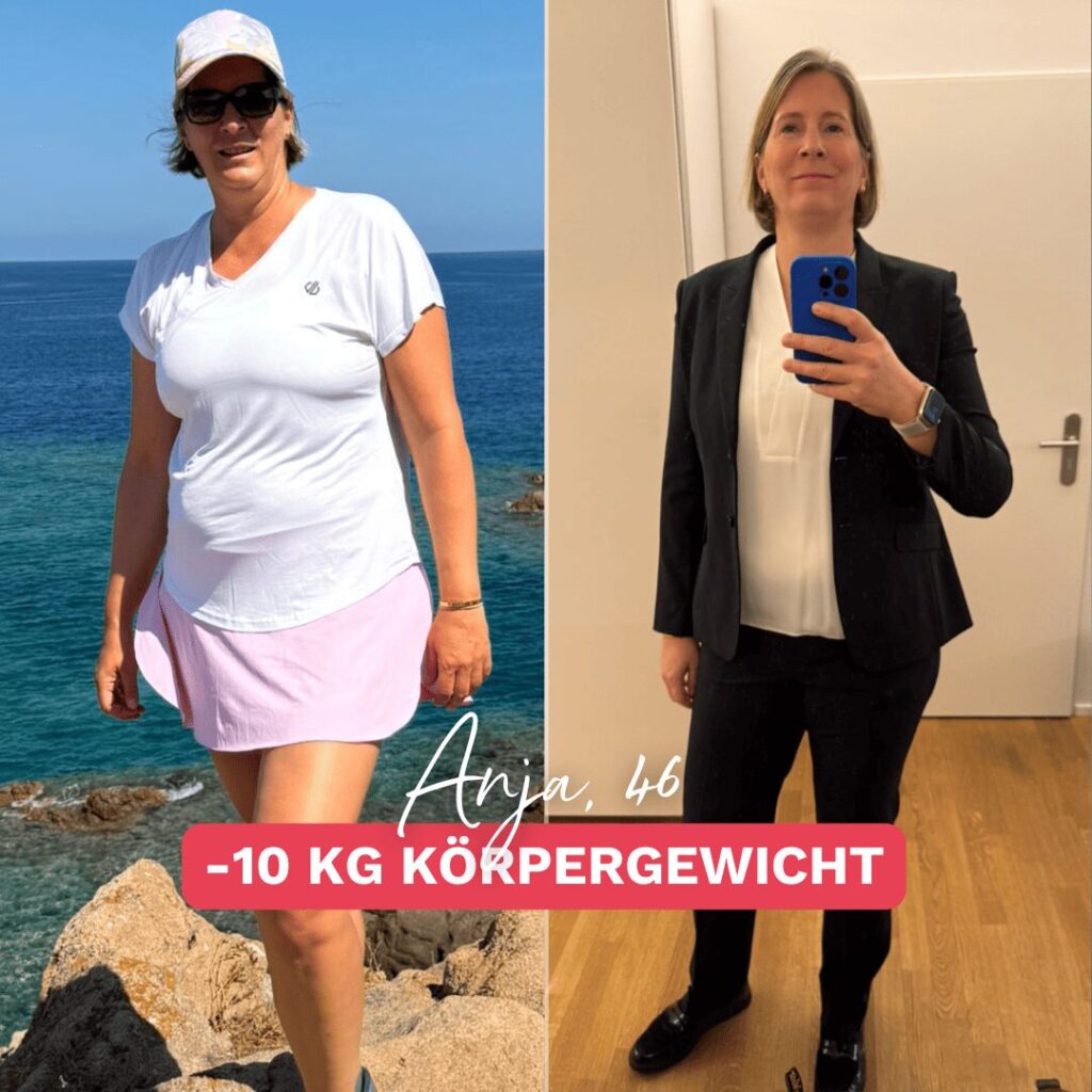 Vorher-Nachher-Bild von Anja nach 10 kg Gewichtsverlust. Ihre beeindruckende Veränderung zeigt, wie gesunde Ernährung und gezieltes Training zu einem fitteren Körper und mehr Selbstbewusstsein gefühlt haben.
