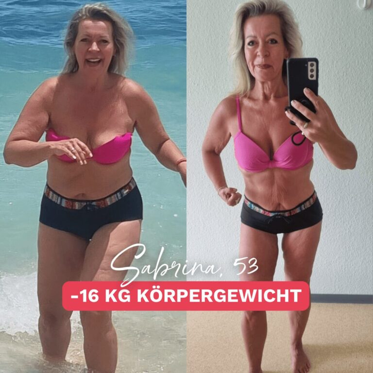 Vorher-Nachher-Bild von Sabrina, 53 Jahre, die durch gezieltes Training und Ernährung ihren Hormonbauch aus den Wechseljahren losgeworden ist. Links am Strand mit sichtbarem Bauch, rechts nach -16 kg mit definiertem Körper. Wechseljahre Bauch wie schwanger erfolgreich gemeistert.