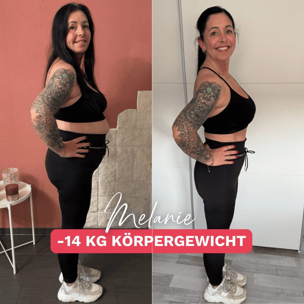 Melanies Transformation zeigt, wie gezieltes Training und Ernährung Fett am Bauch sichtbar reduzieren können