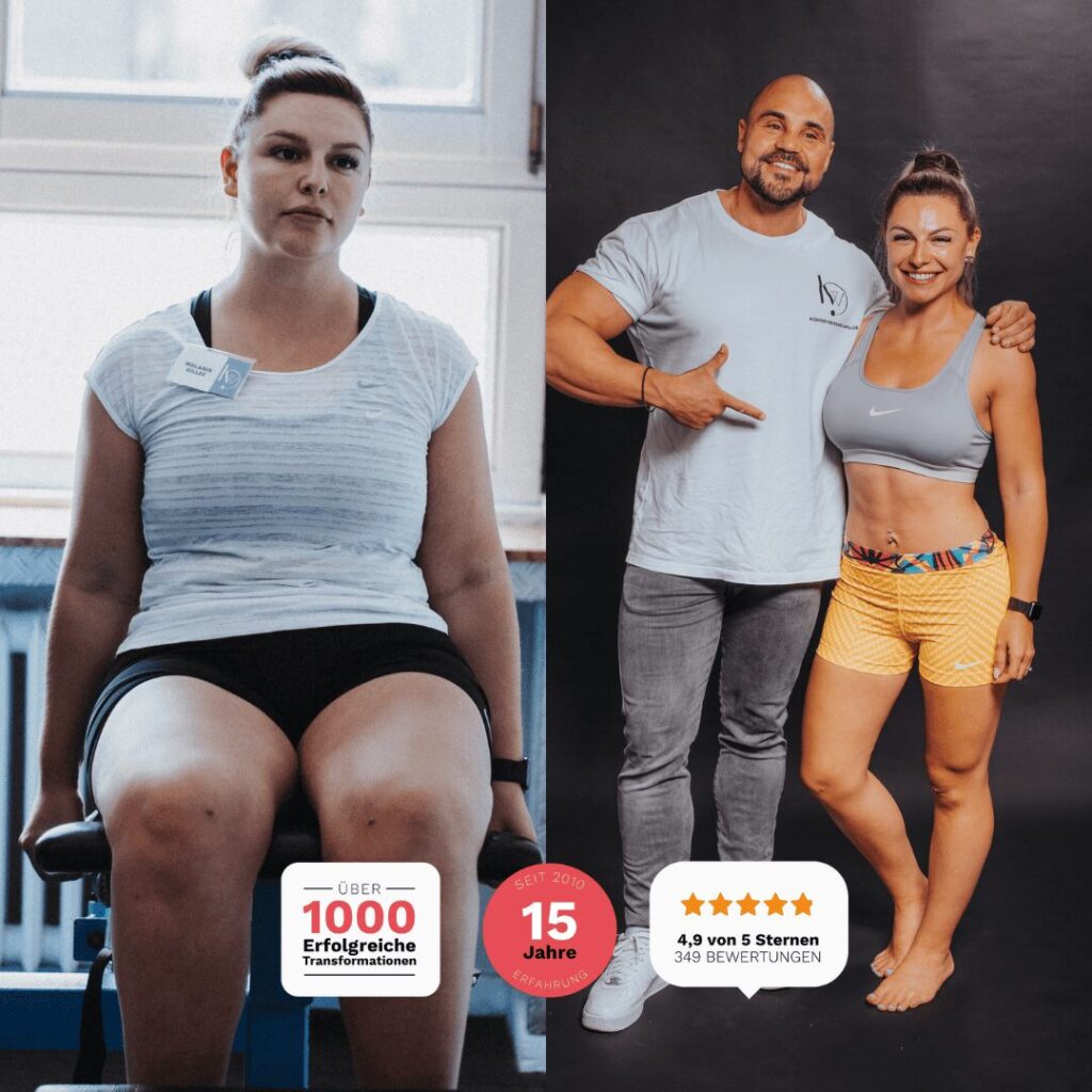 Melanie zeigt ihr unglaubliches Vorher-Nachher-Ergebnis dank individueller Begleitung durch professionelles Personal Training bei Körperverwandlung