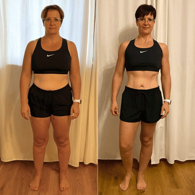 Starke Veränderung: weniger Fett am Bauch, definierte Taille und sichtbare Muskulatur nach der Körperverwandlung