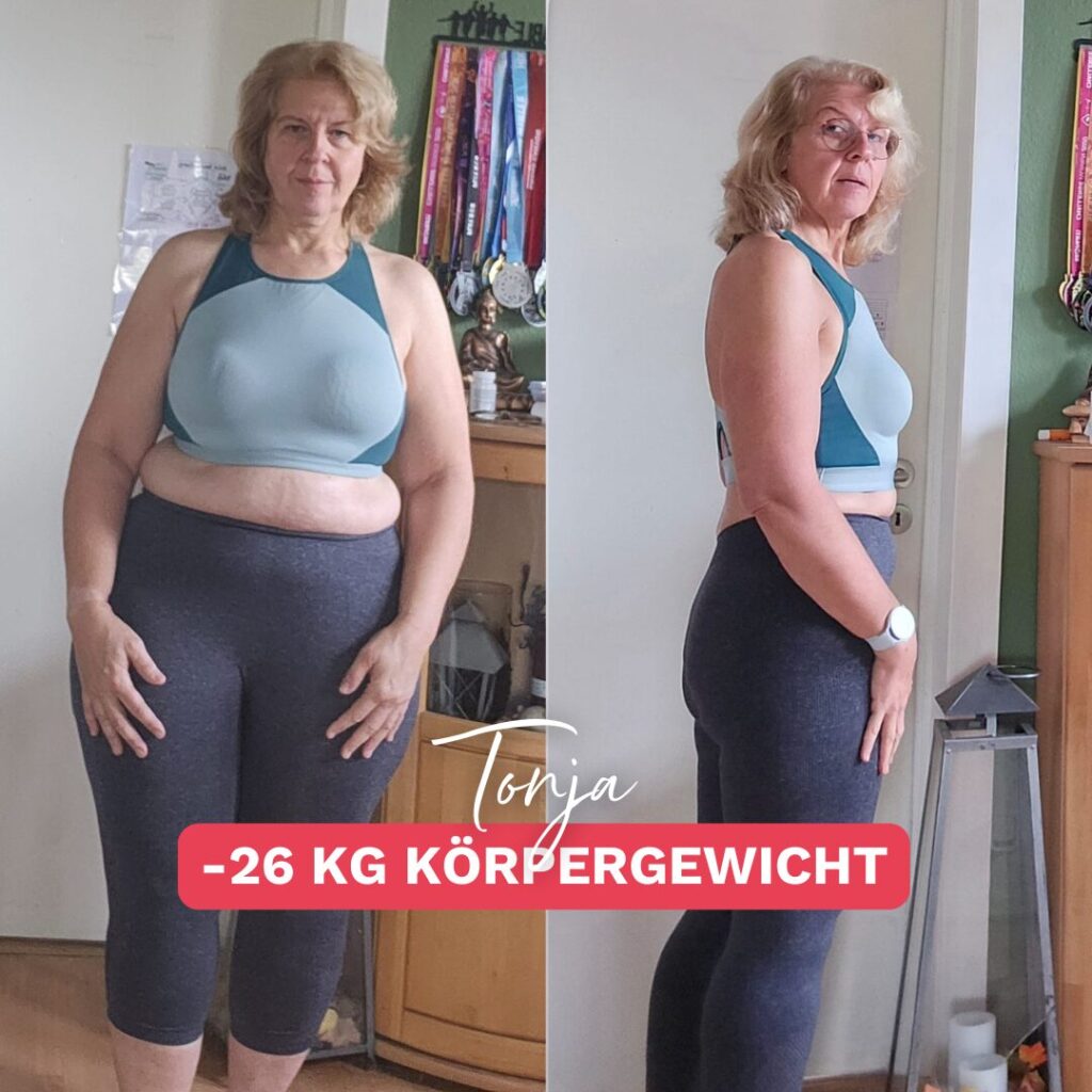 Vorher-Nachher-Bild einer Frau namens Tonja, die 26 Kilo trotz Schilddrüsenunterfunktion abgenommen hat