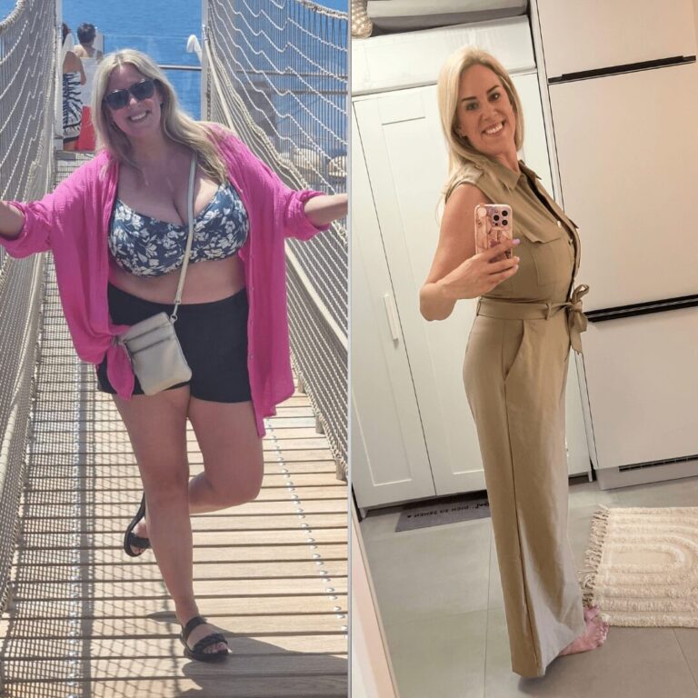 Cora strahlt auf ihrem Vorher-Nachher-Bild: Links im Bikini und offenem Hemd auf einer Hängebrücke, rechts im eleganten Jumpsuit vor dem Spiegel. Sie hat 30 kg abgenommen, wirkt deutlich schlanker, selbstbewusster und rundum glücklich.