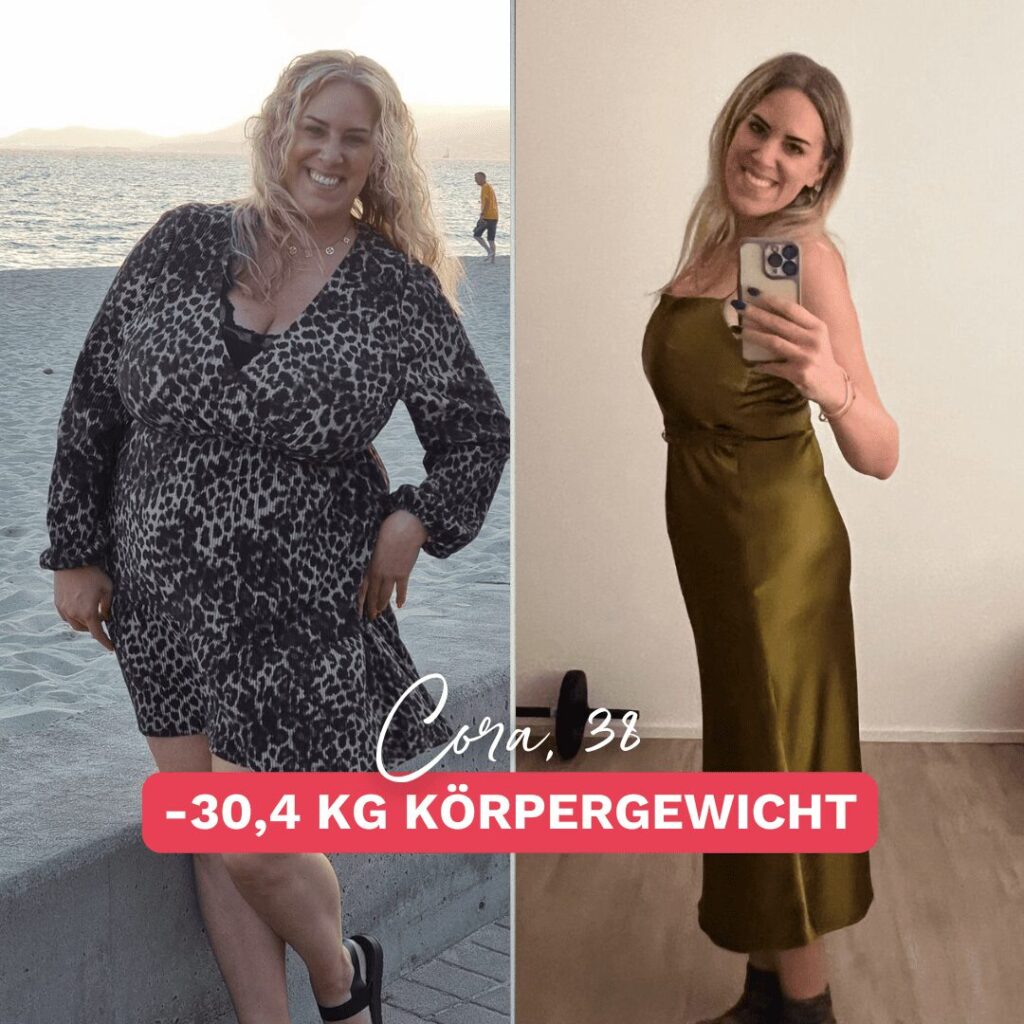 Cora im Vorher-Nachher-Vergleich: Links im Strandkleid, rechts im eleganten, figurbetonten Kleid. Sie hat 30,4 kg abgenommen und wirkt glücklich, stolz und voller Selbstbewusstsein