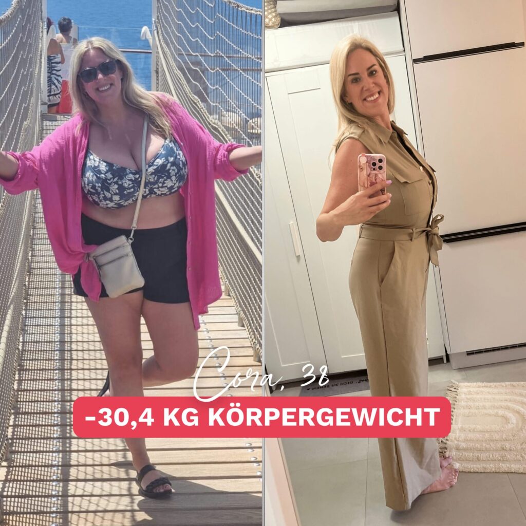 Cora posiert im Vorher-Bild in Bikini und Shorts, im Nachher-Bild trägt sie einen eleganten Jumpsuit. Sie hat 30,4 kg abgenommen und strahlt pure Leichtigkeit aus.