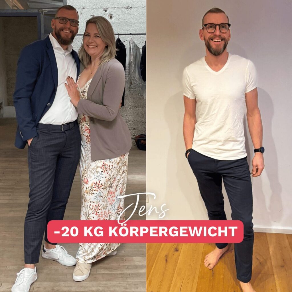 Jens hat mit Unterstützung sein Gewicht um 20 kg reduziert. Das Bild zeigt eindrucksvoll, wie eine gesunde Veränderung möglich ist – selbst mit vollem Alltag.