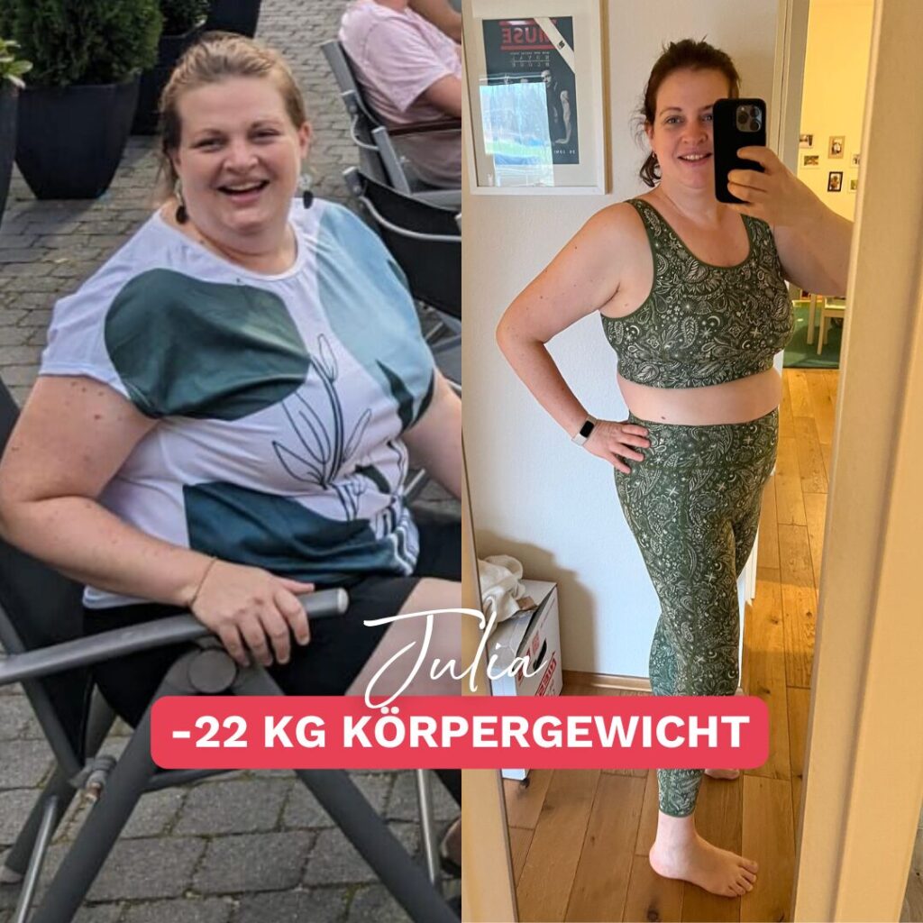 Vorher-Nachher-Bild von Julia mit 22 kg weniger Körpergewicht. Der direkte Vergleich zeigt ihre beeindruckende Transformation durch gezielte Abnehmstrategien.