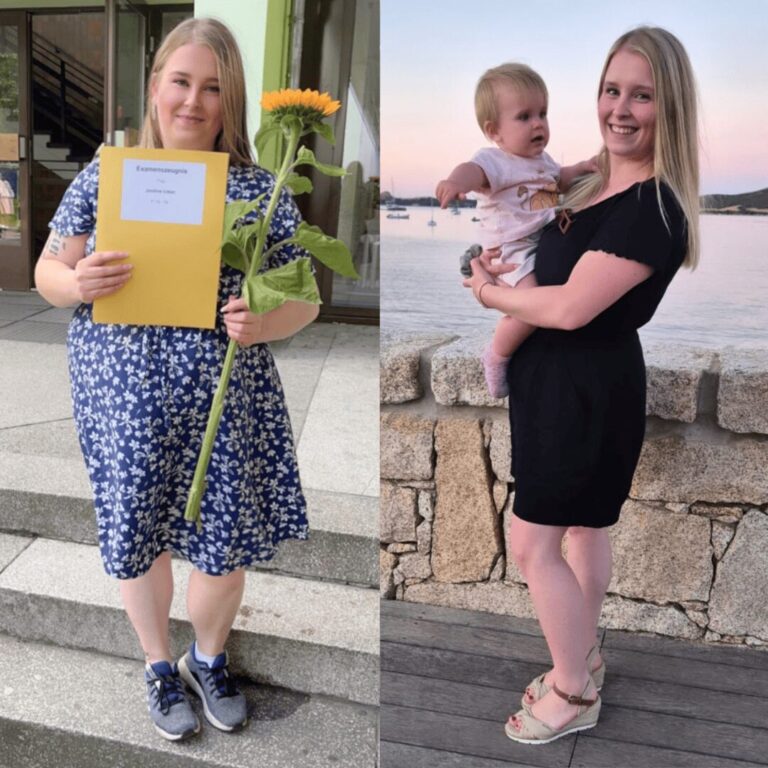 Justine hat als Mama 23 kg abgenommen. Ihr Vorher-Nachher-Bild zeigt eindrucksvoll, wie sie sich nach der Schwangerschaft Schritt für Schritt zurück zu ihrem Wohlfühlkörper gekämpft hat – ganz ohne Verzicht und trotz Alltag mit Baby.