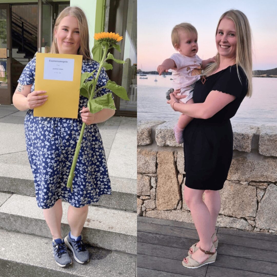 Justine hat als Mama 23 kg abgenommen. Ihr Vorher-Nachher-Bild zeigt eindrucksvoll, wie sie sich nach der Schwangerschaft Schritt für Schritt zurück zu ihrem Wohlfühlkörper gekämpft hat – ganz ohne Verzicht und trotz Alltag mit Baby.