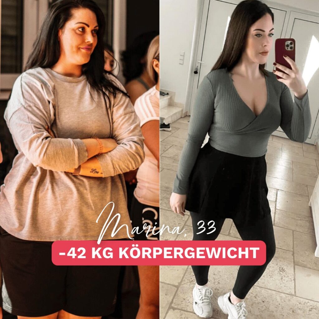 Frau vor und nach ihrer erfolgreichen Abnahme – links im Oversize-Pullover, rechts nach 42 kg Gewichtsverlust in sportlicher Kleidung vor dem Spiegel“