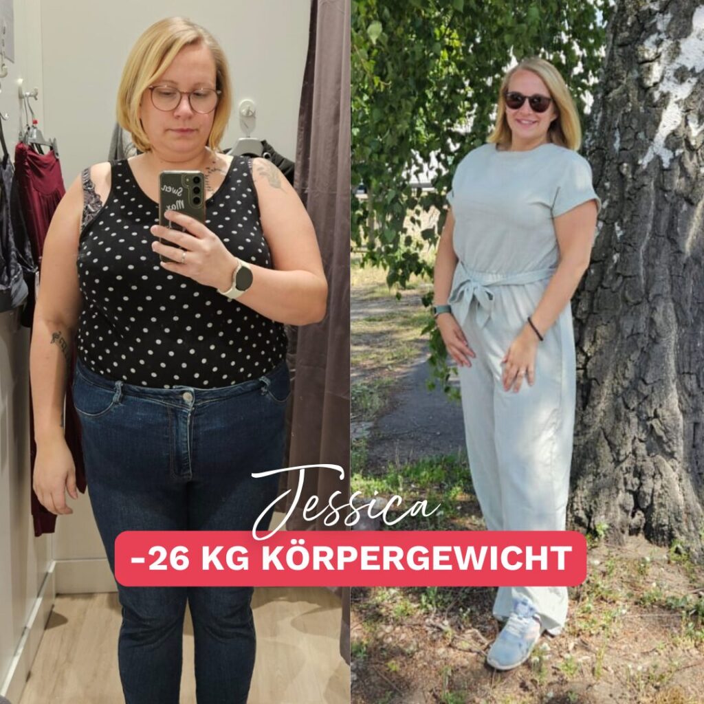 Vorher-Nachher-Bild einer Frau namens Jessica, die 26 Kilo abgenommen hat. Links zeigt sie sich vor ihrer Transformation, rechts trägt sie einen Jumpsuit, die ihren Erfolg sichtbar macht. Inspirierende Geschichte über Abnehmen und mehr Lebensfreude