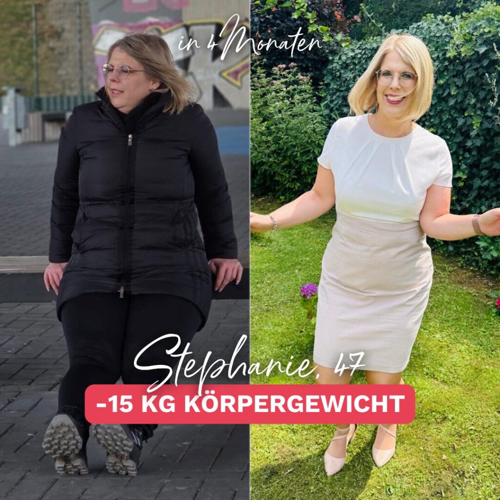 Vorher-Nachher-Bild einer Frau namens Stephanie, die 15 Kilo abgenommen hat. Links zeigt sie sich vor ihrer Transformation, rechts trägt sie ein Kleid, das ihren Erfolg sichtbar macht. Inspirierende Geschichte über Abnehmen und mehr Lebensfreude