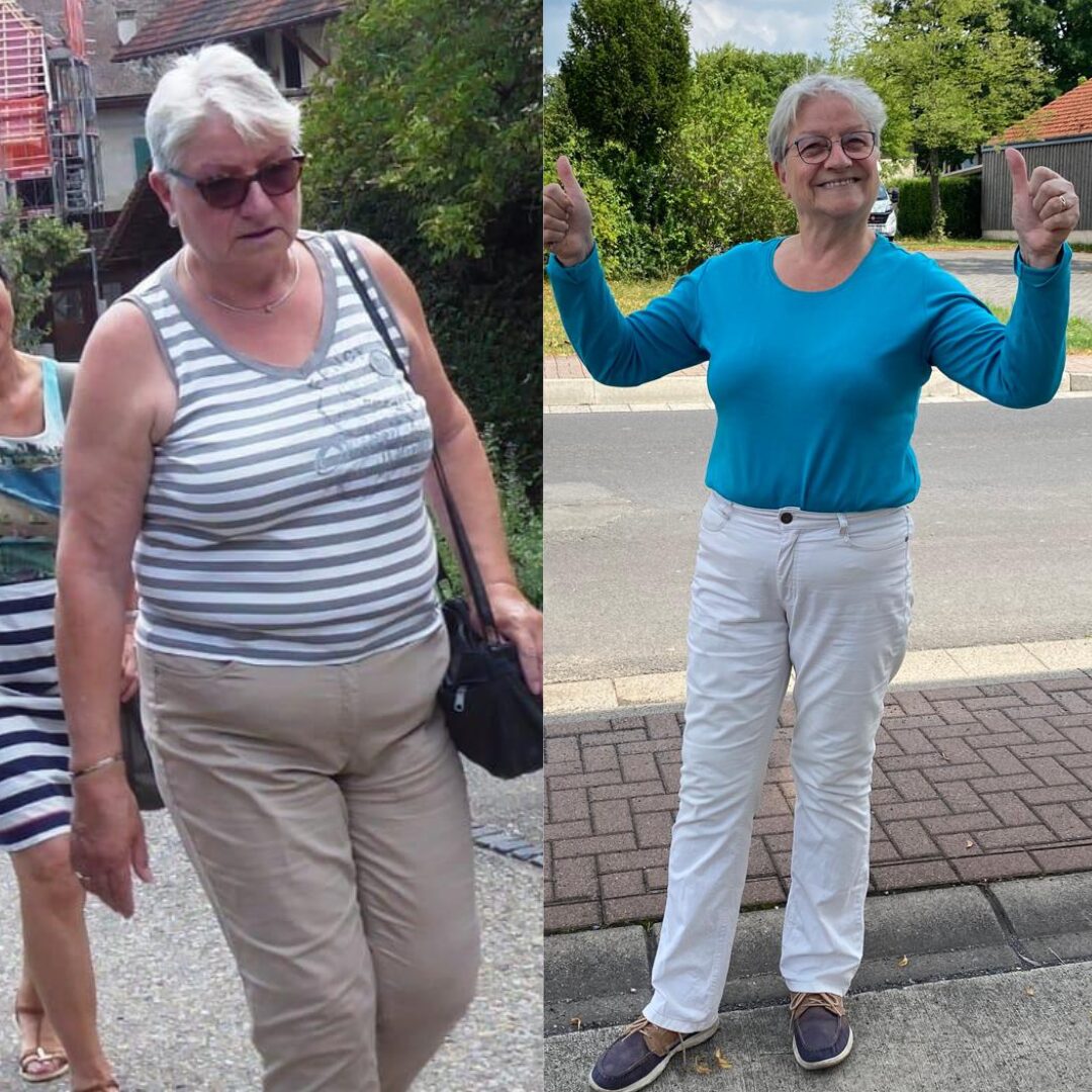 Vorher-Nachher-Bild einer Frau namens Marion, die 10 Kilo in 6 Wochen abgenommen hat. Links zeigt sie sich vor ihrer Transformation, rechts trägt sie einen neue Kleidung, die ihren Erfolg sichtbar macht. Inspirierende Geschichte über Abnehmen und mehr Lebensfreude