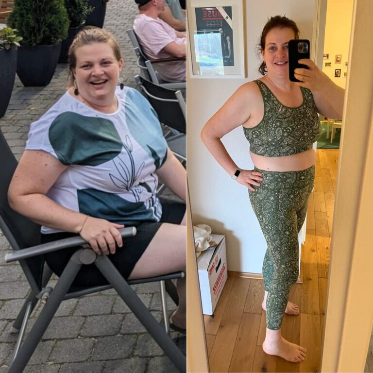 Vorher-Nachher-Bild von Julia mit 22 kg weniger Körpergewicht. Der direkte Vergleich zeigt ihre beeindruckende Transformation durch gezielte Abnehmstrategien.