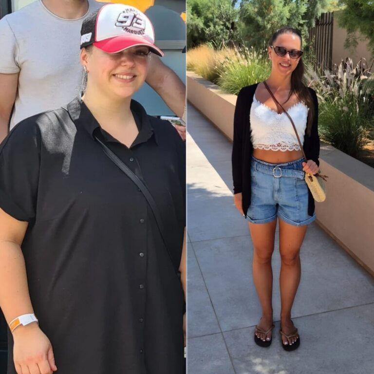 Vorher-Nachher-Bild einer Frau namens Maya, die 36 Kilo abgenommen hat. Links zeigt sie sich vor ihrer Transformation, rechts trägt sie einen neue Kleidung, die ihren Erfolg sichtbar macht. Inspirierende Geschichte über Abnehmen und mehr Lebensfreude